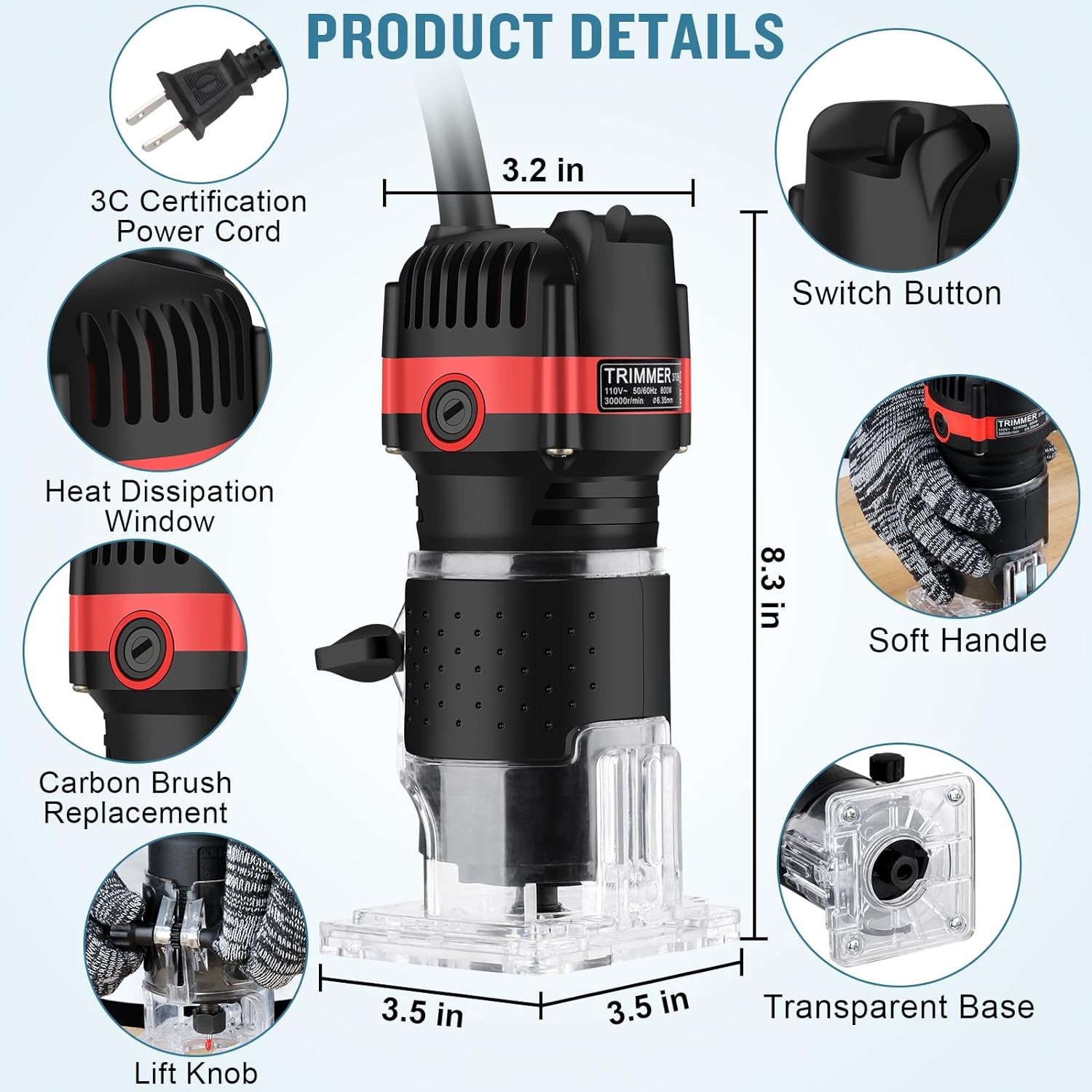 Router Tool, Hand Wood Router, 110V 800W Wood Routers for Woodworking, 30000R/MIN Compact Edge Trimmer, with 1/4 Tungsten Carbide Router Bits 15-Piece Set