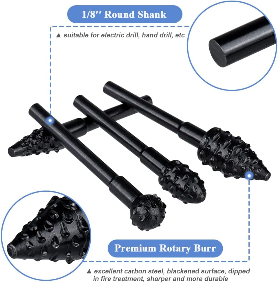 Mesee 10 Pieces Rotary File Rasp Set, 3mm(1/8) Round Shank Rotary Burrs Carbon Steel Carving File Rasp Twist Drill Bits Electric Ginder Rasp Accessory for Woodworking Drilling Engraving