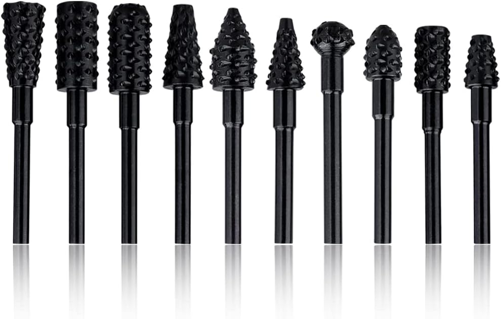 Mesee 10 Pieces Rotary File Rasp Set, 3mm(1/8) Round Shank Rotary Burrs Carbon Steel Carving File Rasp Twist Drill Bits Electric Ginder Rasp Accessory for Woodworking Drilling Engraving