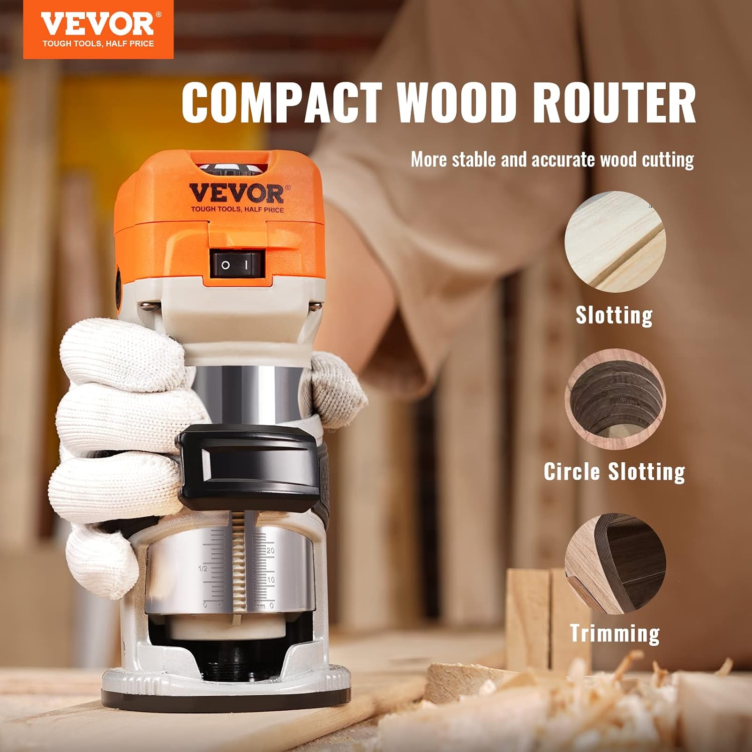 VEVOR Wood Router, 1.25HP 800W, Compact Wood Trimmer Router Tool, 30000RPM Max Speed 6 Variable Speeds, with 1/4  5/16 Collets 12 PCs Milling Cutters Dust Hood, for Woodworking Slotting Trimming