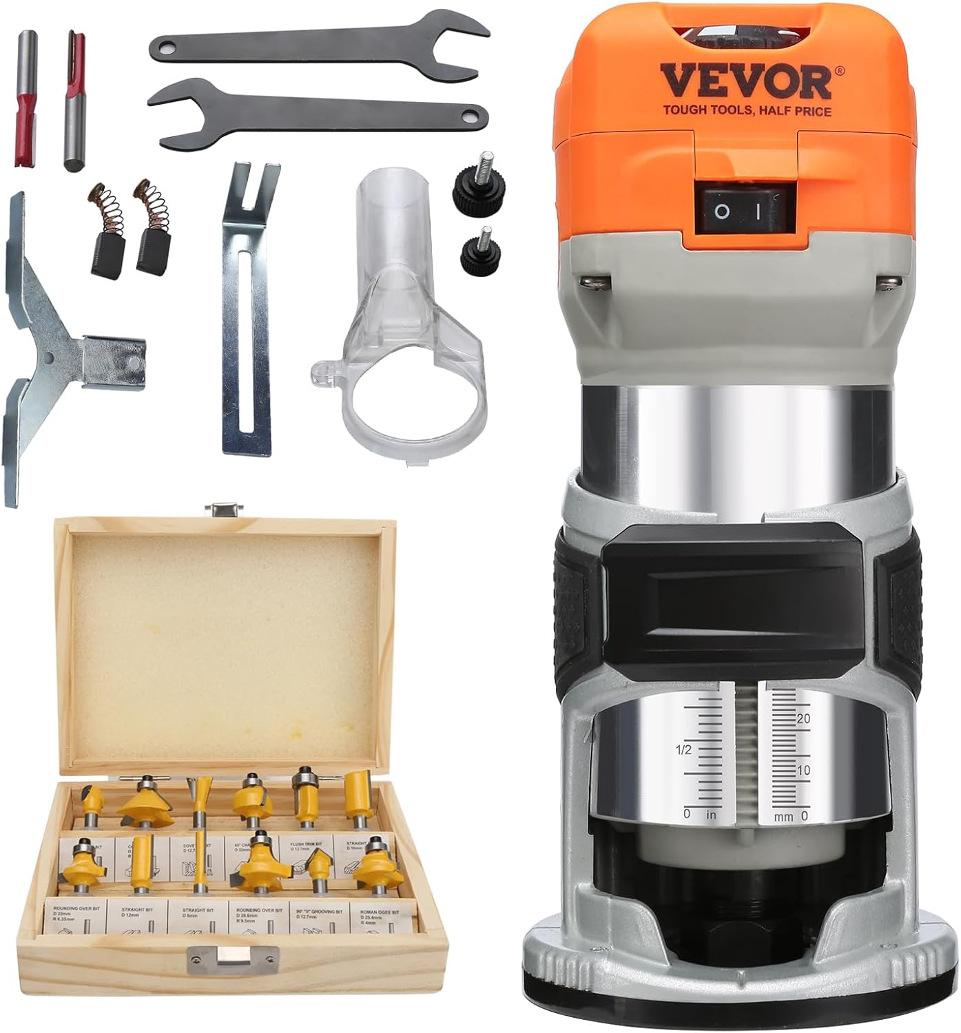 VEVOR Wood Router, 1.25HP 800W, Compact Wood Trimmer Router Tool, 30000RPM Max Speed 6 Variable Speeds, with 1/4  5/16 Collets 12 PCs Milling Cutters Dust Hood, for Woodworking Slotting Trimming