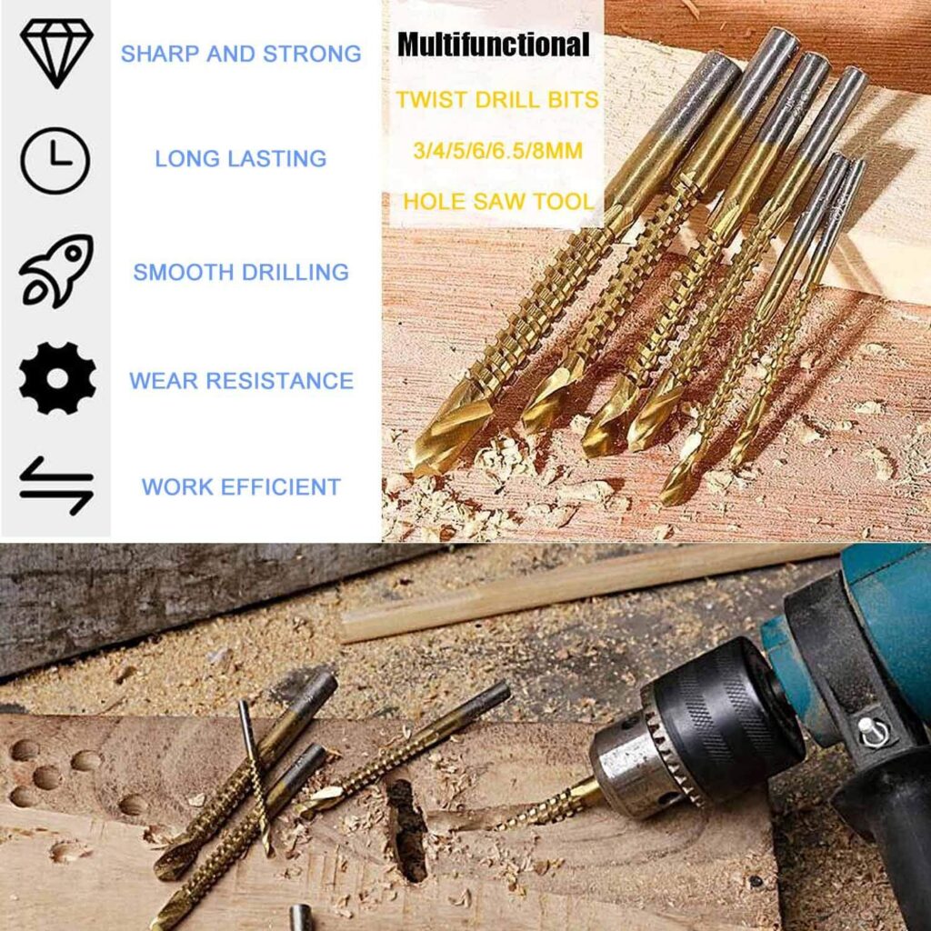 Titanium Coated HSS Twist Drill Bits - 6pcs 3-8mm Serrated Grooving Cutting Carpenter Side Cutting Tap Spiral Saw Drill Bit Woodworking Wood Metal Plastic Hole Holesaw Tool