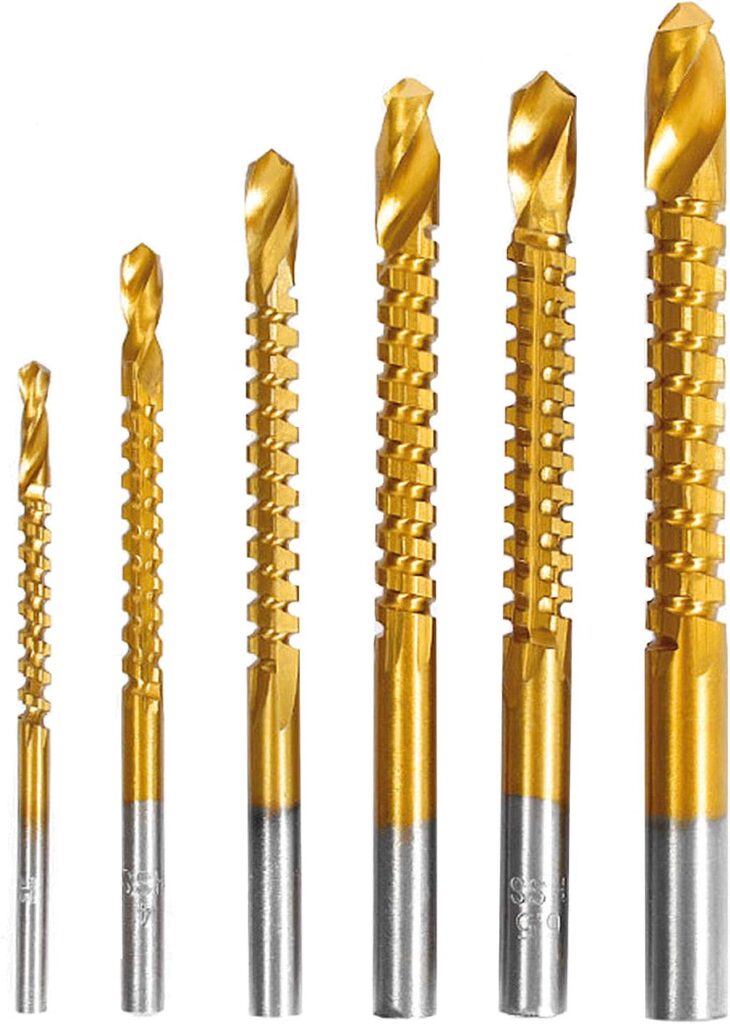 Titanium Coated HSS Twist Drill Bits - 6pcs 3-8mm Serrated Grooving Cutting Carpenter Side Cutting Tap Spiral Saw Drill Bit Woodworking Wood Metal Plastic Hole Holesaw Tool