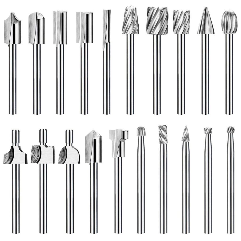 20Pc HSS Router Carbide Engraving Bits and Router Bit Set with 1/8(3mm) Shank for Power Rotary Tools Accessories for DIY Woodworking, Carving, Engraving, Drilling, Sculpting