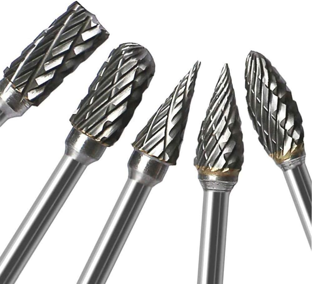 Double Cut Tungsten Carbide Burr Set for Rotary Tool, 10Pcs Rotary Carving Bits with 1/8” Shank and 1/4” Grinding Head for DIY, Woodworking, Engraving, Metal Carving, Drilling, Polishing