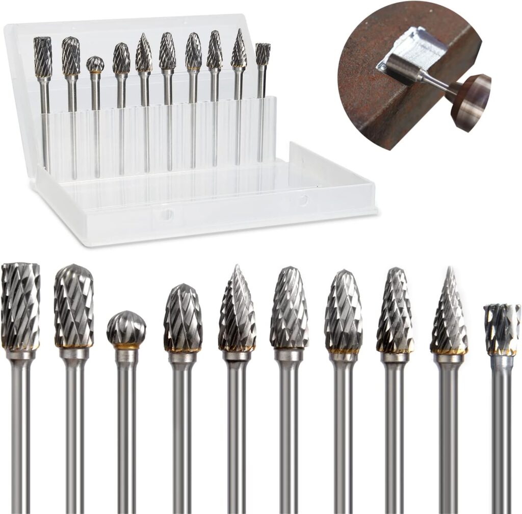 Double Cut Tungsten Carbide Burr Set for Rotary Tool, 10Pcs Rotary Carving Bits with 1/8” Shank and 1/4” Grinding Head for DIY, Woodworking, Engraving, Metal Carving, Drilling, Polishing