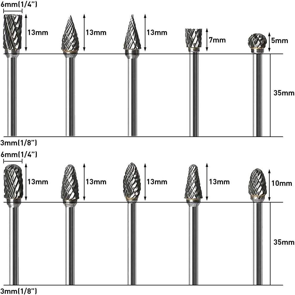 Double Cut Tungsten Carbide Burr Set for Rotary Tool, 10Pcs Rotary Carving Bits with 1/8” Shank and 1/4” Grinding Head for DIY, Woodworking, Engraving, Metal Carving, Drilling, Polishing