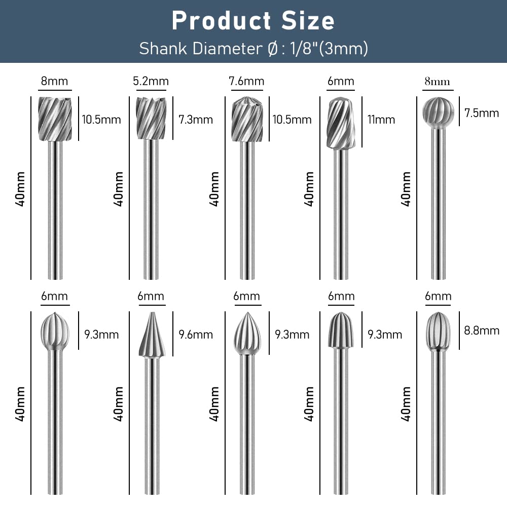 Engraving Router Bit Carving Bits, 20 PCS HSS Rotary Tool Accessories Rotary Bits Burr Set with 1/8’’(3mm) for DIY Woodworking, Carving, Engraving, Drilling