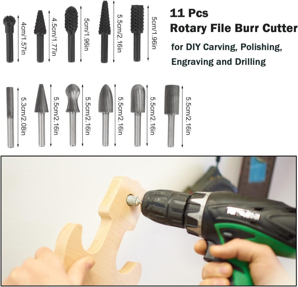 Rotary File Burr Cutter, Router Bits Woodworking File Rasp Chisel Drill Bit Rotary Cutting Burr Set with 1/4 Inch Shank for DIY Carving, Polishing, Engraving and Drilling (11)