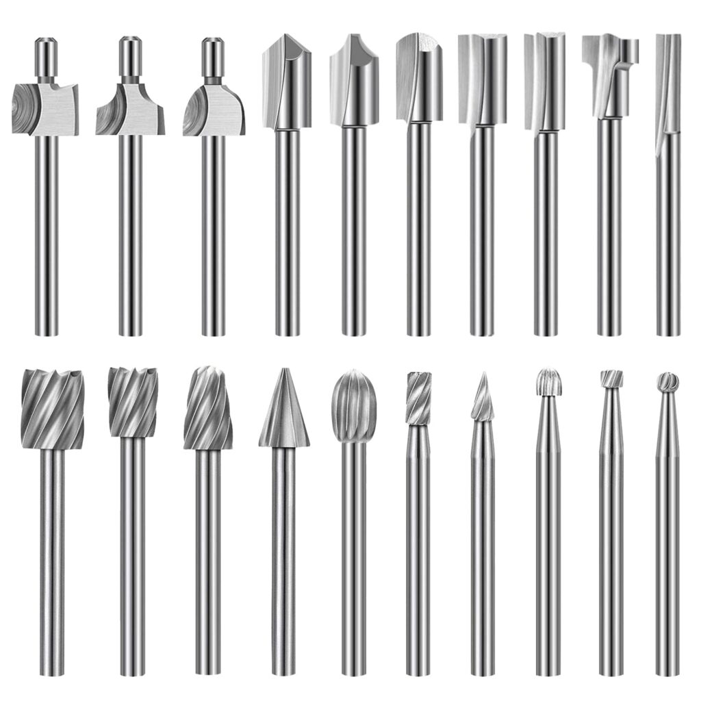 Wood Carving Bits Engraving Router Bit, 20pcs HSS Different Rotary Burr Set with 1/8(3mm) Shank for Rotary Tools for DIY Woodworking, Carving, Drilling, Engraving, Trimming