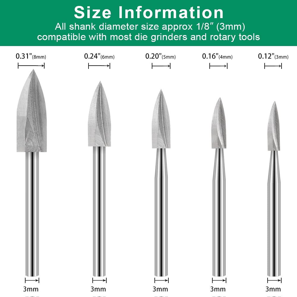 Wood Carving Drill Bits Set for Dremel Rotary Tool 5Pcs Engraving Drill Accessories Bit Wood Crafts Grinding Woodworking Tool with 1/8” Shank for DIY Carving Drilling Micro Sculpture