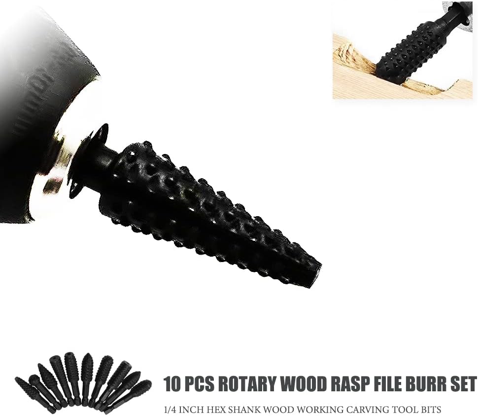 Wood Working Tools Cutting Carving Tools 10pcs Rotary Burr Wood Rasp Files Set for Woodworking with 1/4 Inch Hex Shank Wood Power Tools for Engraving Grinding Polishing