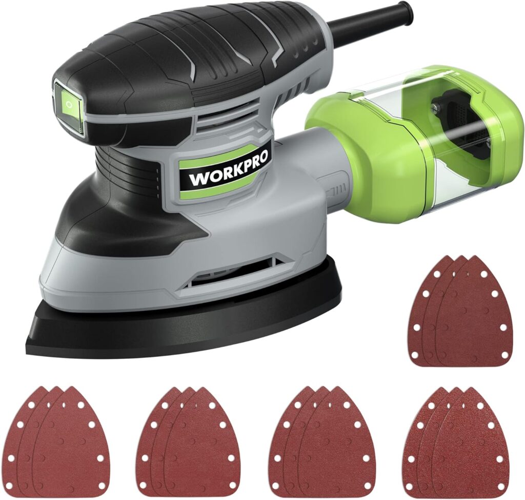 WORKPRO Detail Sander, 13,000 OPM Compact Electric Sander with Dust Collector, 1.6Amp Power Sander with 15PCS Sanderpapers for Tight Spaces Woodworking