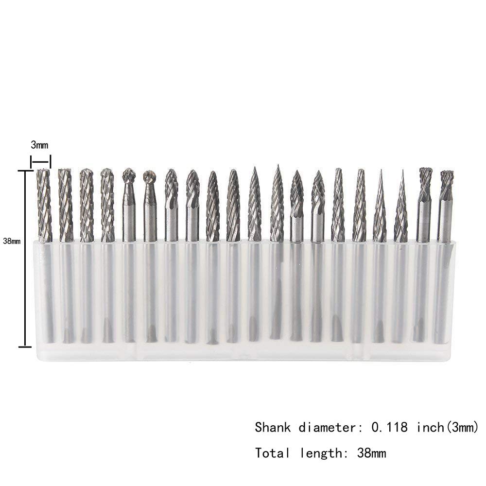 YUFUTOL 20pcs Solid Carbide Burr Set 0.118‘’（3mm）Shank Tungsten Carbide Rotary Files Burrs with 3mm Cutting Head Diameter Fits Most Rotary Drill Die Grinder for Woodworking,Engraving,Drilling,Carving