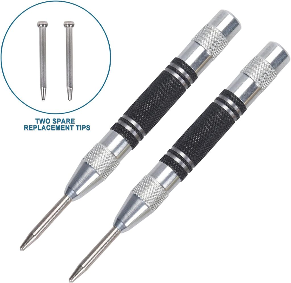 2 Pack Automatic Center Punch, 5 inch Spring Loaded Center Punch with Adjustable Impact, Metal Hole Punch, Window Punch, Center Hole Punch Tool for Metal Wood Glass Plastic