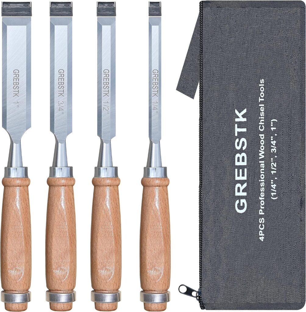 GREBSTK Professional Wood Chisel Set with Oxford Bag for Woodworking, CR-V Steel Chisel, Comfortable Beech Handle Wood Chisel, 4 Piece