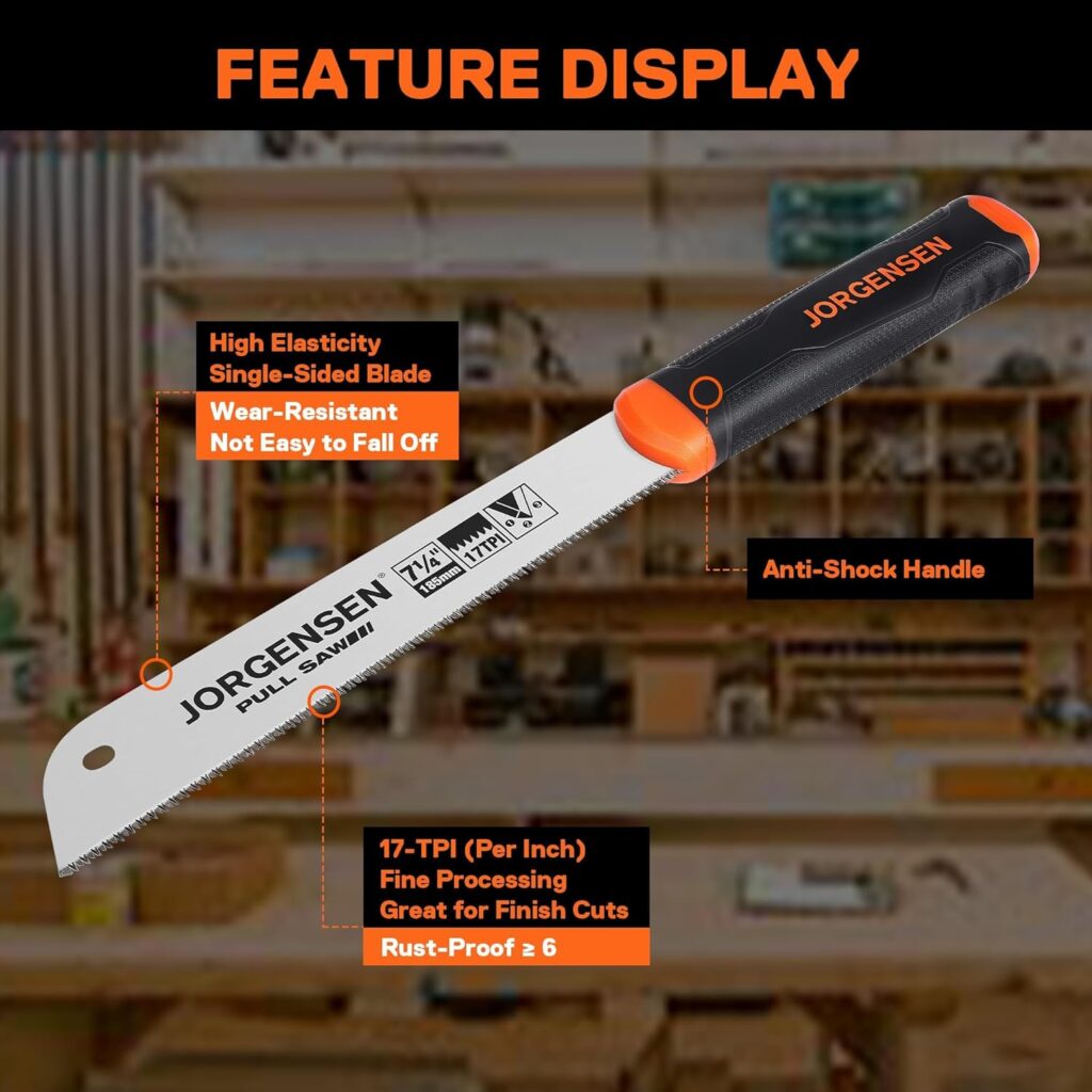 JORGENSEN Japanese Pull Saw, 7.25 Hand Saw, Single Edge 17-TPI SK5 Steel Blade, Ergonomic Anti Shock Handle for Woodworking