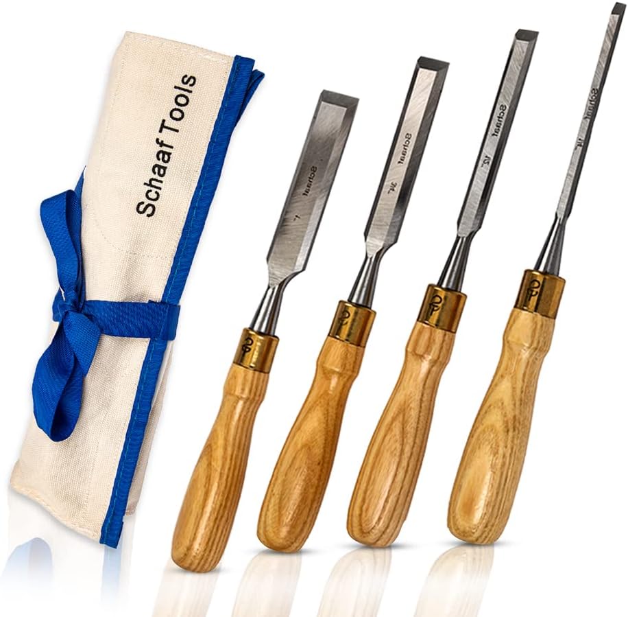 Schaaf Tools 4-Piece Wood Chisel Set | Finely Crafted Wood Chisels for Woodworking | Durable Cr-V Steel Bevel Edged Blade, Tempered to 60HRc | Tool Roll Included