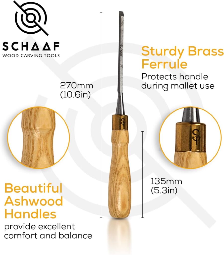 Schaaf Tools 4-Piece Wood Chisel Set | Finely Crafted Wood Chisels for Woodworking | Durable Cr-V Steel Bevel Edged Blade, Tempered to 60HRc | Tool Roll Included