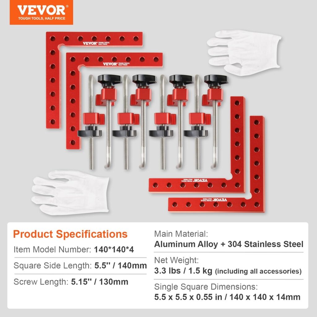 VEVOR 90 Degree Positioning Squares, 5.5 x 5.5 Right Angle Clamps for Woodworking, Aluminum Alloy Corner Clamping Squares for Boxes Cabinets Drawers, 4 Pack