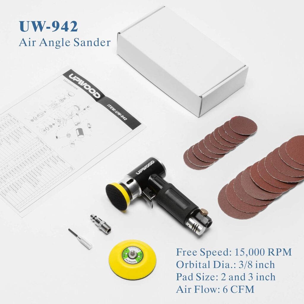 2 3 Mini Orbital Air Sander by UPWOOD, Small Pneumatic Random Orbital Sander Kit with Hook And Loop Sanding Pads 30pcs Sandpapers and 21pcs sanding wheels