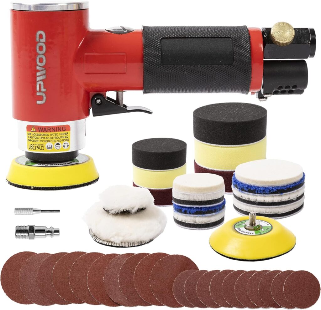 2 3 Mini Orbital Air Sander by UPWOOD, Small Pneumatic Random Orbital Sander Kit with Hook And Loop Sanding Pads 30pcs Sandpapers and 21pcs sanding wheels