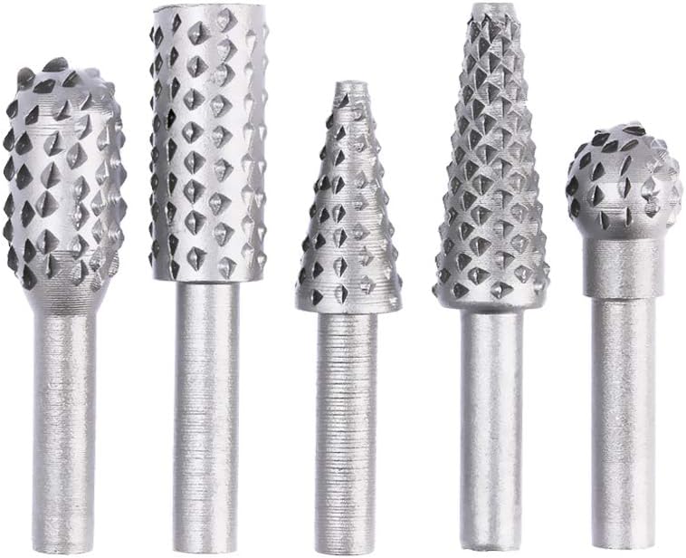 5pcs Steel Rotary Rasp File 1/4 Inch Shank Rotary Tools Files Rasp Burrs Wood Bits Grinding Woodworking Files and Rasps Set (White)