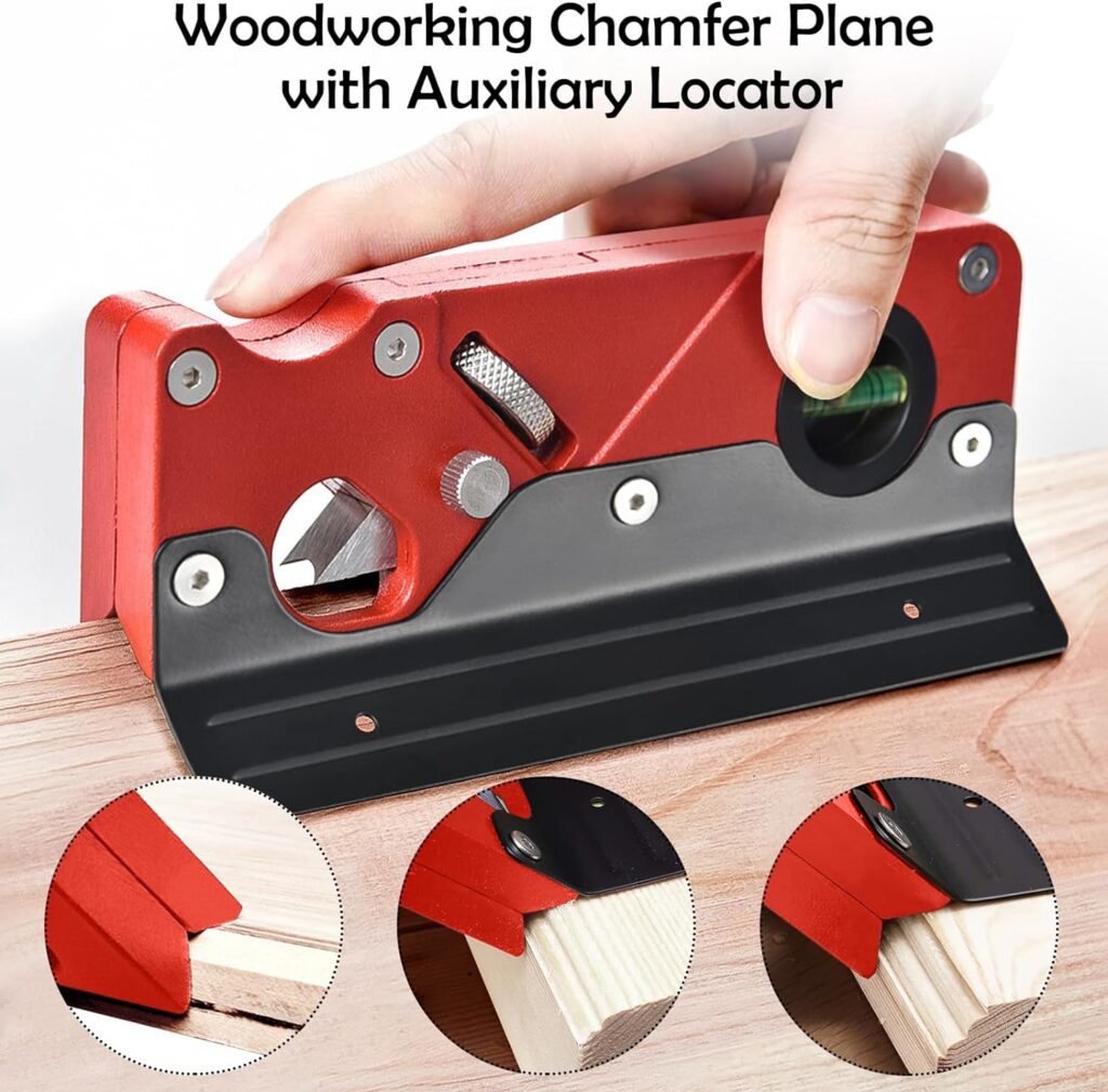 Chamfer Plane, Wood Chamfer Plane with 7 Cutter Heads, Woodworking Edge Corner Flattening Tool with Auxiliary Locator, Woodworking Hand Planer Suitable for Quick Edge Trimming of Wood (Red)