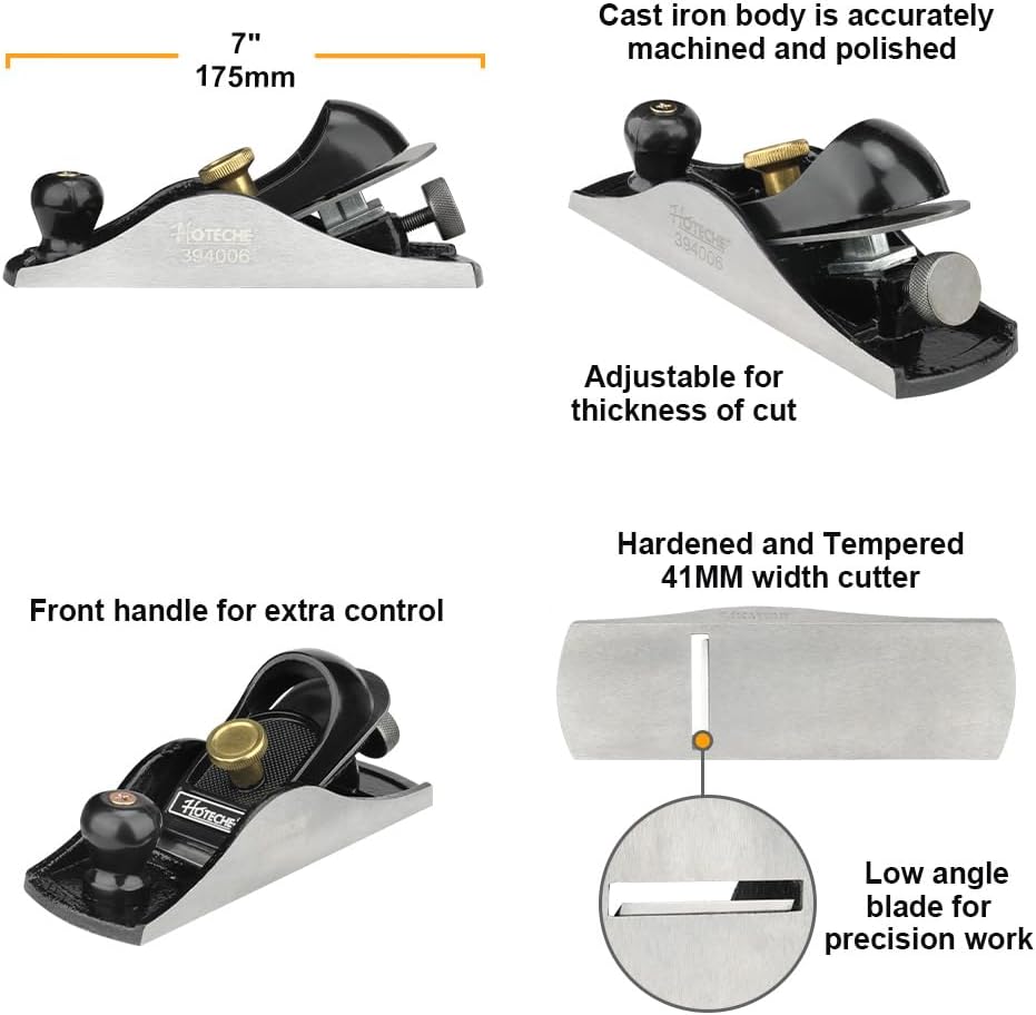 Hoteche 7-Inch Block Plane - Fully Adjustable 1-5/8-Inch Alloy Steel Blade, Fine Finished Bottom, and Sides, Precision Casting for Smooth Surfaces