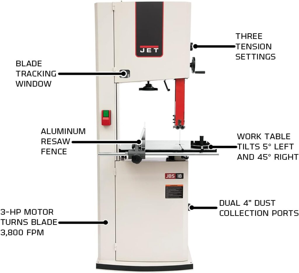 JET JWBS-18-3, 18-Inch Woodworking Bandsaw, 3 HP, 1Ph 230V (714750)