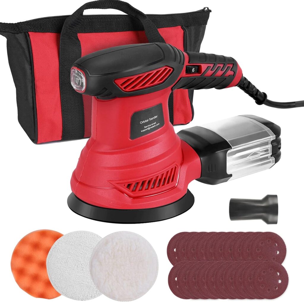 Orbital Sander, 300W Power Random Orbital Sanders with Dust Box, 6 Variable Speed 6000-13000 RPM, 20Pcs Sandpaper, Sponge Disc/Wool Disc/Cotton disc/Tool Bag, Palm Electric Sanders for Woodworking