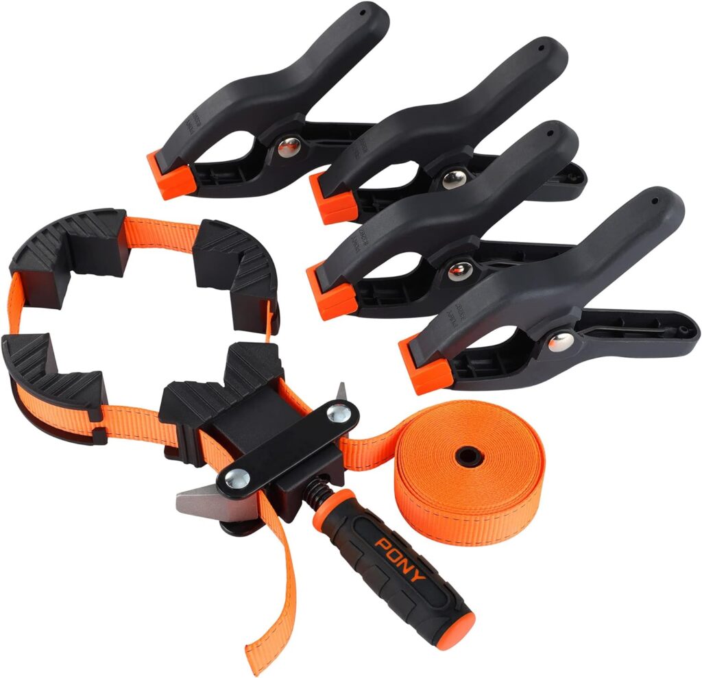 PONY 5-in-1 Strap Clamp with 4-Pack 6-2/7 Spring Clamps, Woodworking Frame Clamping Strap Holder, Rapid Acting Band Clamp