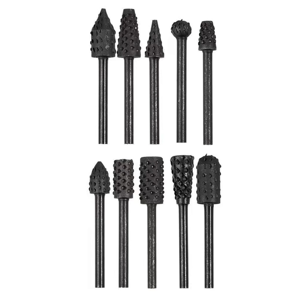 Rasp Wood Carving Bits for Woodworking 1/8” Shank Mini Rotary Burr Rasp Set Power Carving Bit Tools for Wood Carving-10 pcs