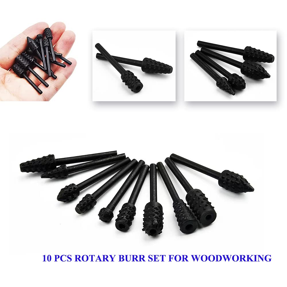 Rasp Wood Carving Bits for Woodworking 1/8” Shank Mini Rotary Burr Rasp Set Power Carving Bit Tools for Wood Carving-10 pcs