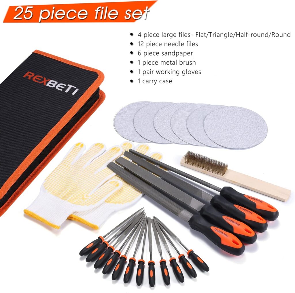 REXBETI 25Pcs Metal File Set, Premium Grade T12 Drop Forged Alloy Steel, Flat/Triangle/Half-round/Round Large File and 12pcs Needle Files with Carry Case, 6pcs Sandpaper, a brush,a pair working gloves