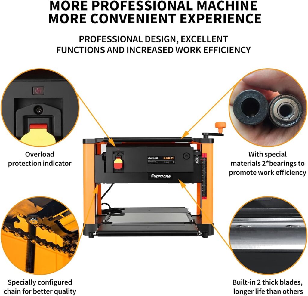 SUPRAONE Power Benchtop Planers 13inch with HSS Double-sided Use Blades Two Speed Thickness Planer 15-Amp 2000W Powerful Motor Planner for Both Hard  Soft Wood Removal