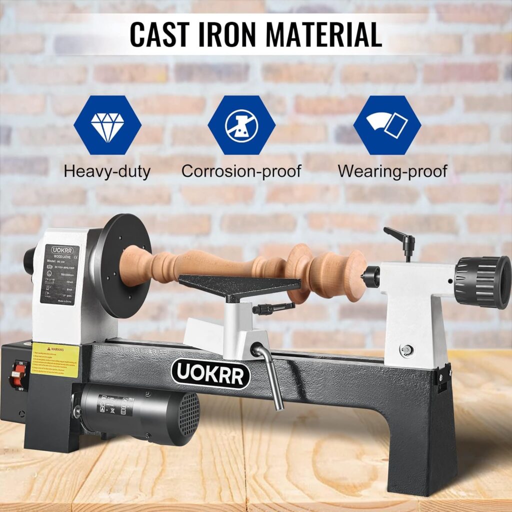 UOKRR Mini Wood Lathe Machine for Woodworking 1/3 Horsepower Benchtop Wood Lathe 8” x 12” Wood Turning Lathe Infinitely Variable Speed 750-3200rpm for Beginners/Professionals to Make Pens, Bowls, Cups