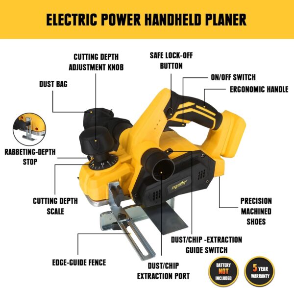 Mellif Cordless Handheld Planer for Dewalt 20V MAX Battery: Brushless Electric Power Planer - Image 2