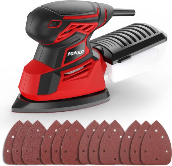 POPULO Electric Sander Tool,Hand Sander 14,000 OPM with 12 Pieces Sandpapers, Detail Sander with Dust Box for Woodworking,Suitable for Tight Spaces Sanding,Polishing,Removing Paint in Home Decoration