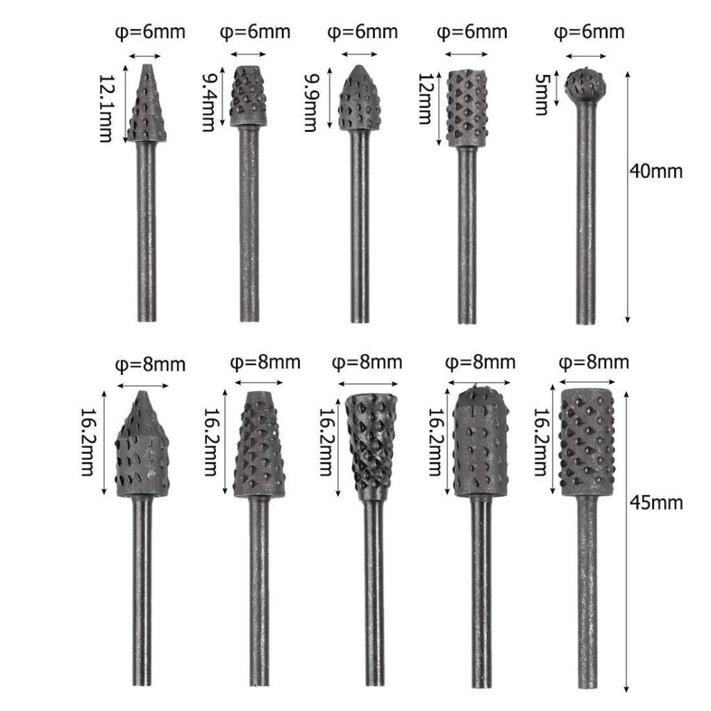 Bestgle 10Pcs 1/8(3mm) Shank Rotary Burr Rasp Set Carbon Steel Wood Carving File Rasp Drill Bits Fit for Rotary Tools for DIY Woodworking Wood Plastic Carving Polishing Grinding Engraving