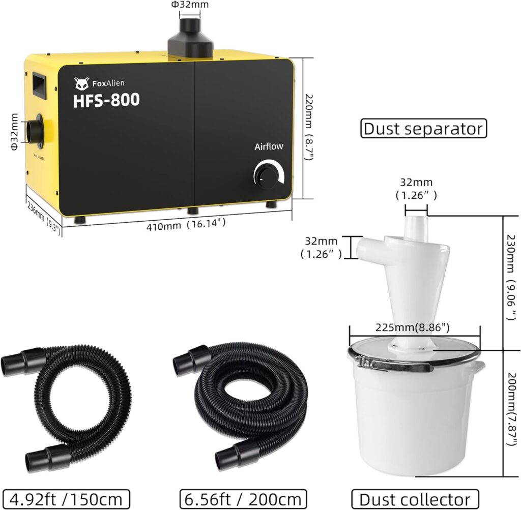 FoxAlien 800W Desktop Dust Collector HFS-800 with Dust Separator for CNC Cutting Woodworking, Air Filtration System with HEPA and Carbon Filter, Airflow Adjustable（110V）