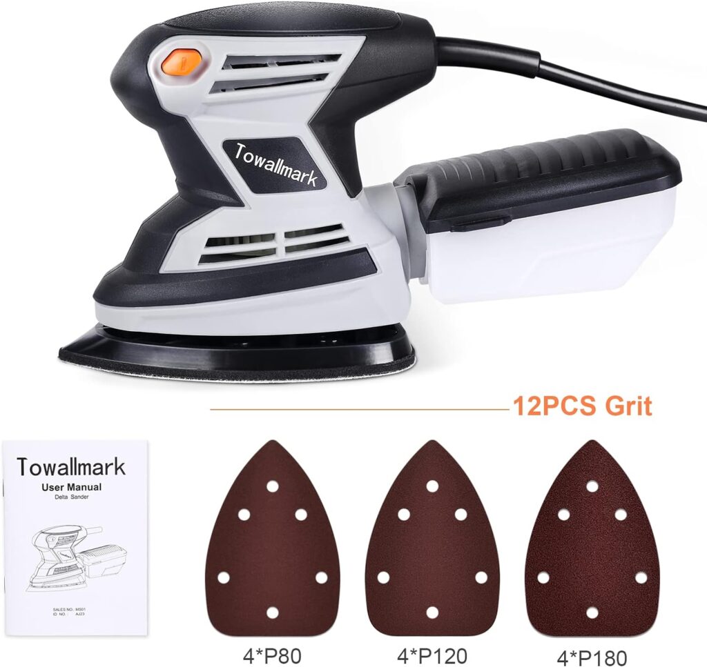 Towallmark Detail Sander 15,000 OPM Compact Electric Sander with 12 Pcs Sandpapers, Efficient Dust Collection System, Multi-Function Hand Sander for Woodworking