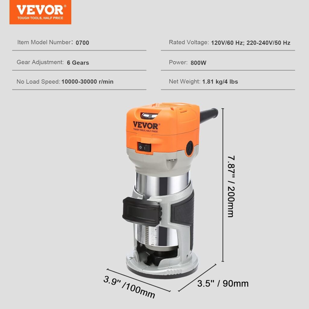 VEVOR Wood Router, 1.25HP 800W, Compact Wood Trimmer Router Tool, 30000RPM Max Speed 6 Variable Speeds, with 1/4  5/16 Collets 12 PCs Milling Cutters Dust Hood, for Woodworking Slotting Trimming