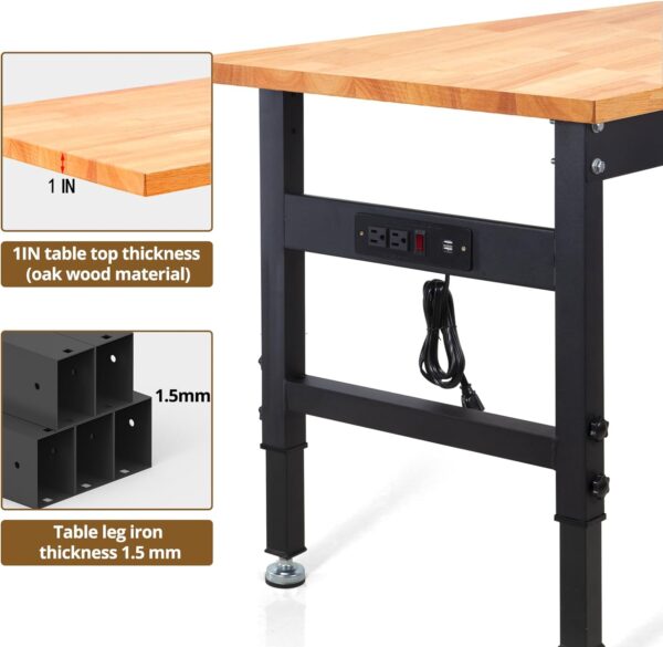 Premium Oak Wood Work Bench with Power Outlets - Height Adjustable Heavy Duty Table for Garage, Workshop, Office & Home - Image 5