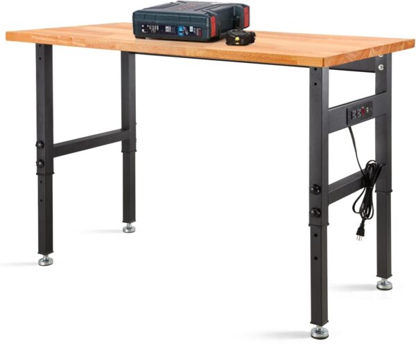 Work Bench, Height Adjustable Workbench 47.3"×23.6" Heavy Duty Oak Wood Desktop Work Table with Power Outlets for Garage, Workshop, Office and Home