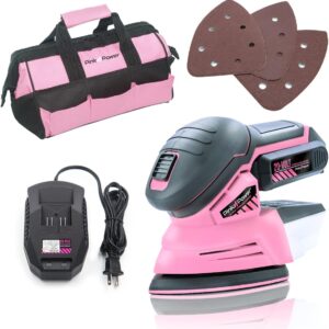 Pink Power Detail Sander for Woodworking 20V Cordless Electric Hand Sander for Wood Furniture - Mini Palm Sander Tool with Sandpaper, Li-Ion Battery & Charger - Small Handheld Sanding Machine