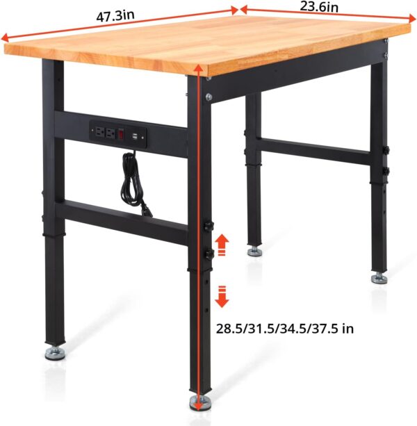 Premium Oak Wood Work Bench with Power Outlets - Height Adjustable Heavy Duty Table for Garage, Workshop, Office & Home - Image 4