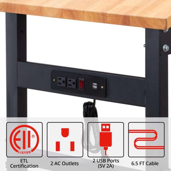 Premium Oak Wood Work Bench with Power Outlets - Height Adjustable Heavy Duty Table for Garage, Workshop, Office & Home - Image 3