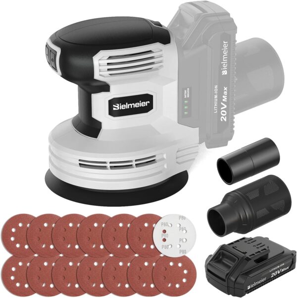 Bielmeier 20V Cordless Random Orbital Sander Kit with Vacuum Attachment,2.0Ah Battery,6 Variable Speed Electric Hand Sander with 15-Piece Hook & Loop Sandpaper for Woodworking Sanding