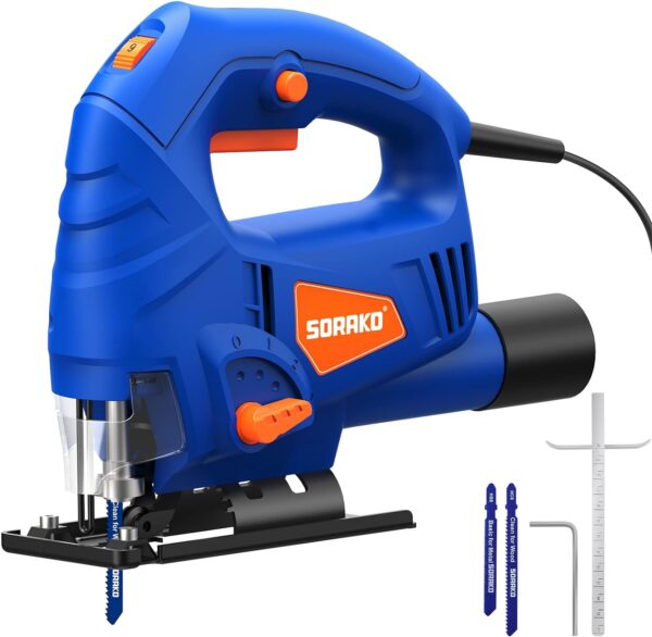 SORAKO Jigsaw, 5.0Amp Jig Saw Tool Corded Electric Power Cutter,800-3000 SPM Jig Saw, 6 Variable Speed, 0°-45° Bevel Cutting, 4 Orbital Sets, for Woodworking with 2PCS Blades & Scale Ruler